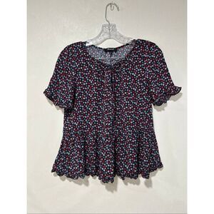 Madewell Women’s Small Black Red Floral Peplum Short Sleeve Ruffle Hem Blouse